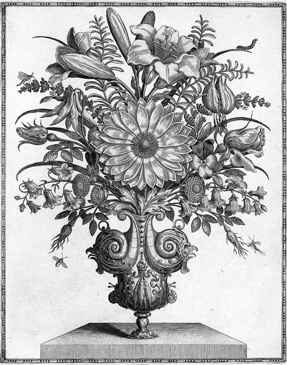 Blumenbouquet von Theodor de Bry, altkolorierter Kupferstich